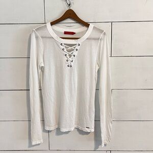 Philanthropy White Lace Up Front Distressed Long Sleeve Tee Shirt. Size Small